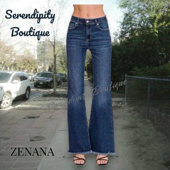 Zenana Super Stretch High Rise Bell Bottom Retro 70s Dark Wash Jeans - Picture 2 of 16